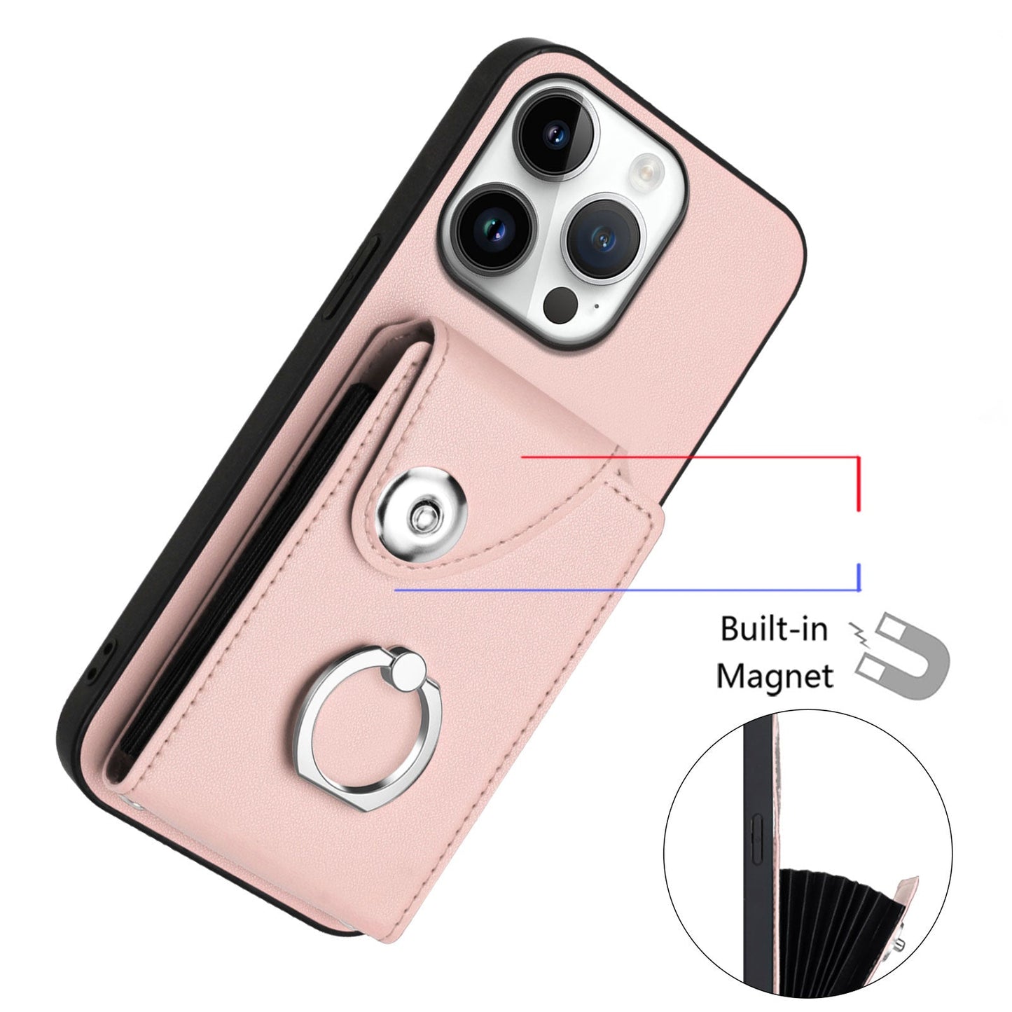 For iPhone 16 Pro Case YB Leather Coating Series-7 Card Holder Leather TPU Phone Cover with Kickstand - Pink