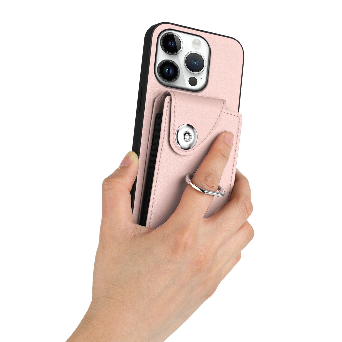 For iPhone 16 Pro Case YB Leather Coating Series-7 Card Holder Leather TPU Phone Cover with Kickstand - Pink