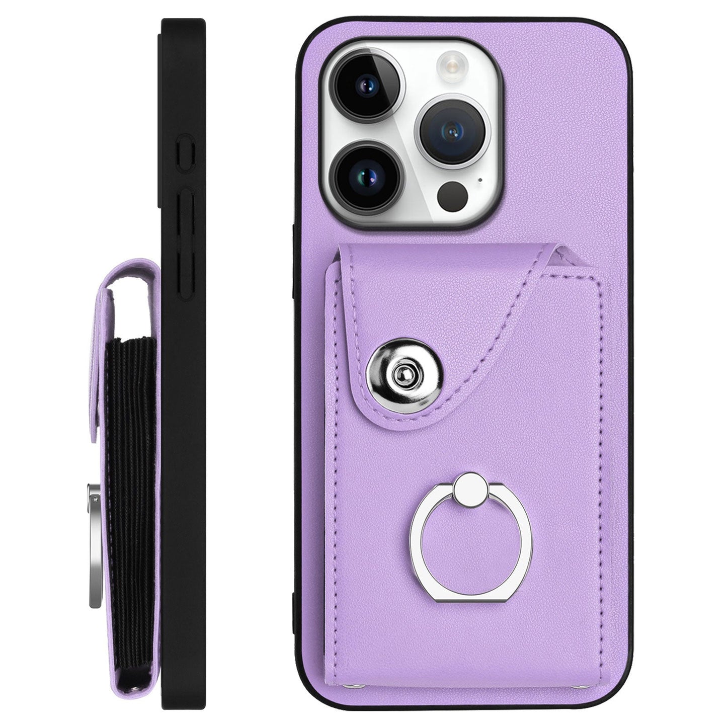 For iPhone 16 Pro Case YB Leather Coating Series-7 Card Holder Leather TPU Phone Cover with Kickstand - Purple