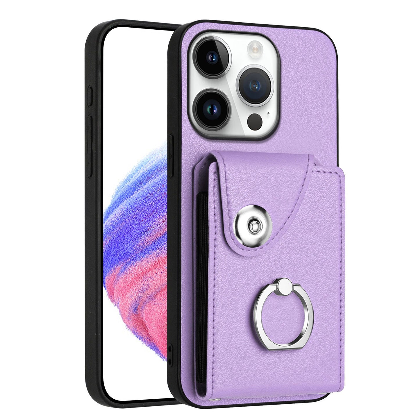 For iPhone 16 Pro Case YB Leather Coating Series-7 Card Holder Leather TPU Phone Cover with Kickstand - Purple