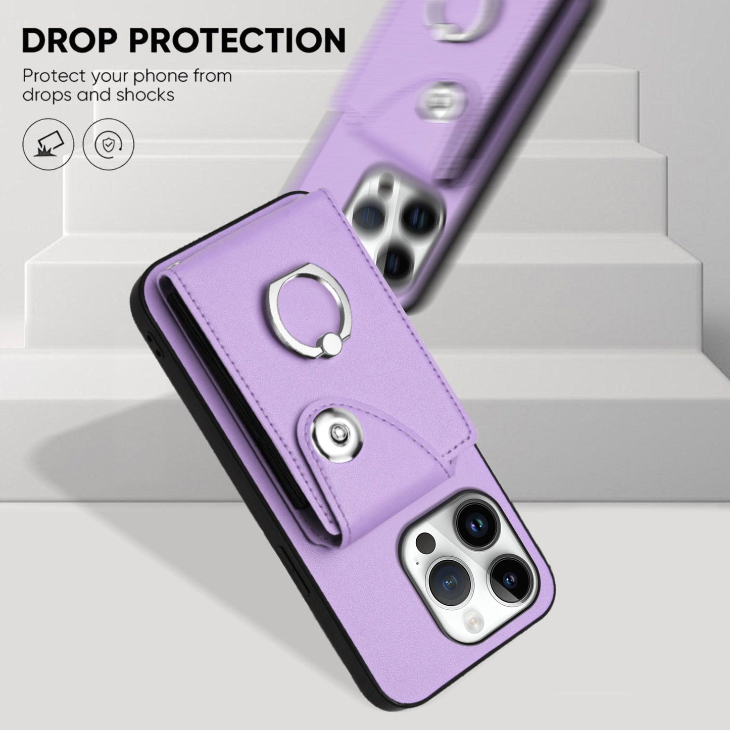 For iPhone 16 Pro Case YB Leather Coating Series-7 Card Holder Leather TPU Phone Cover with Kickstand - Purple