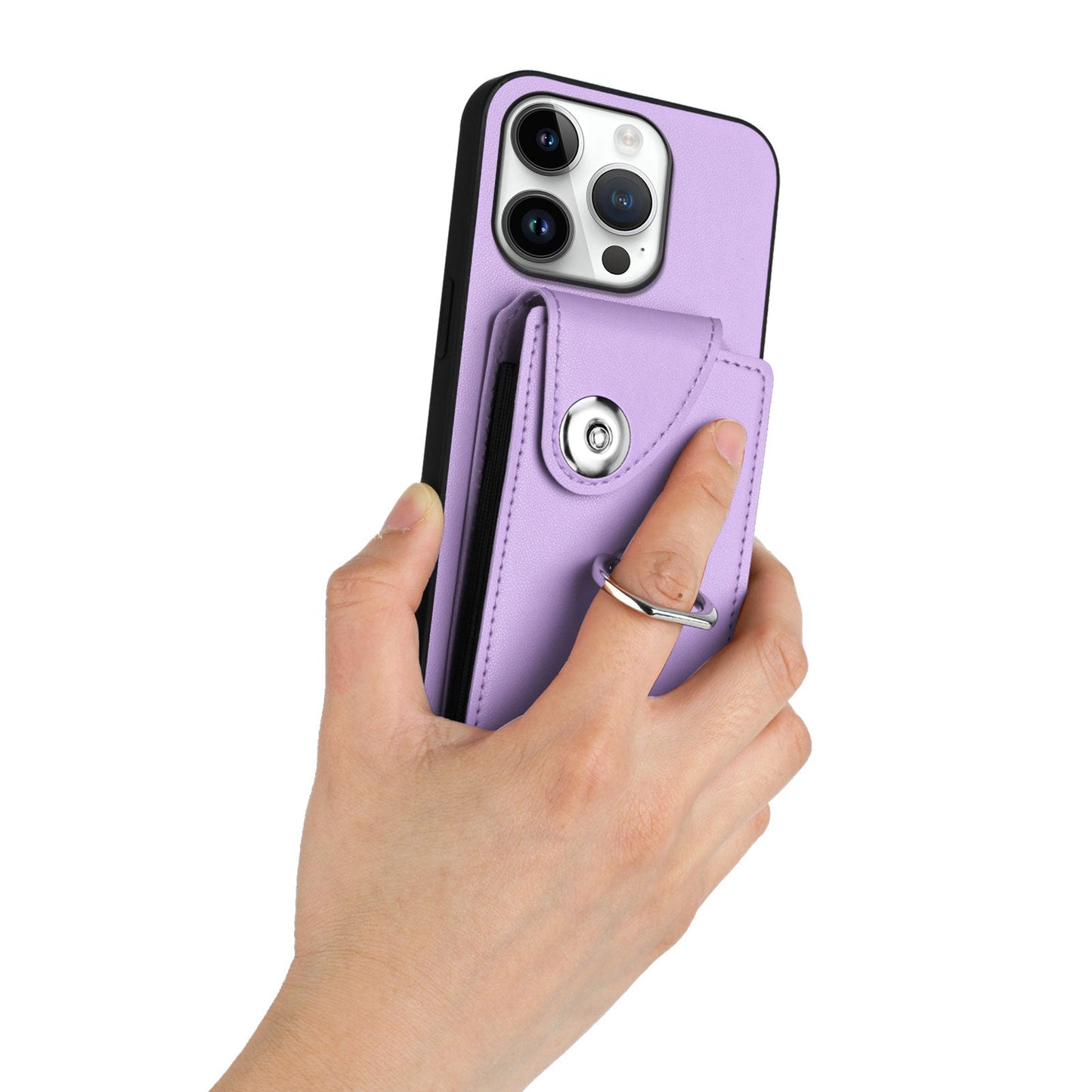 For iPhone 16 Pro Case YB Leather Coating Series-7 Card Holder Leather TPU Phone Cover with Kickstand - Purple