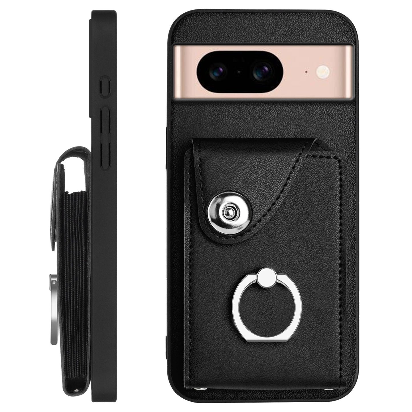 For Google Pixel 8a Case YB Leather Coating Series-7 Card Holder Leather TPU Phone Cover with Kickstand - Black