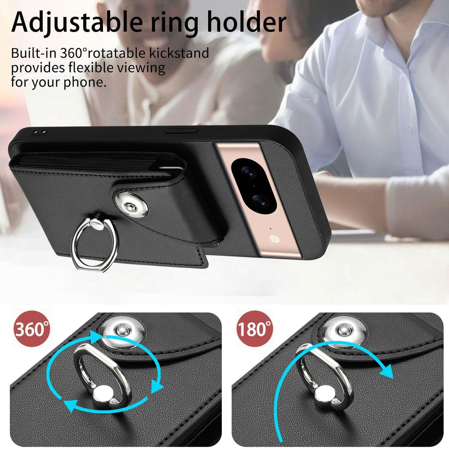 For Google Pixel 8a Case YB Leather Coating Series-7 Card Holder Leather TPU Phone Cover with Kickstand - Black