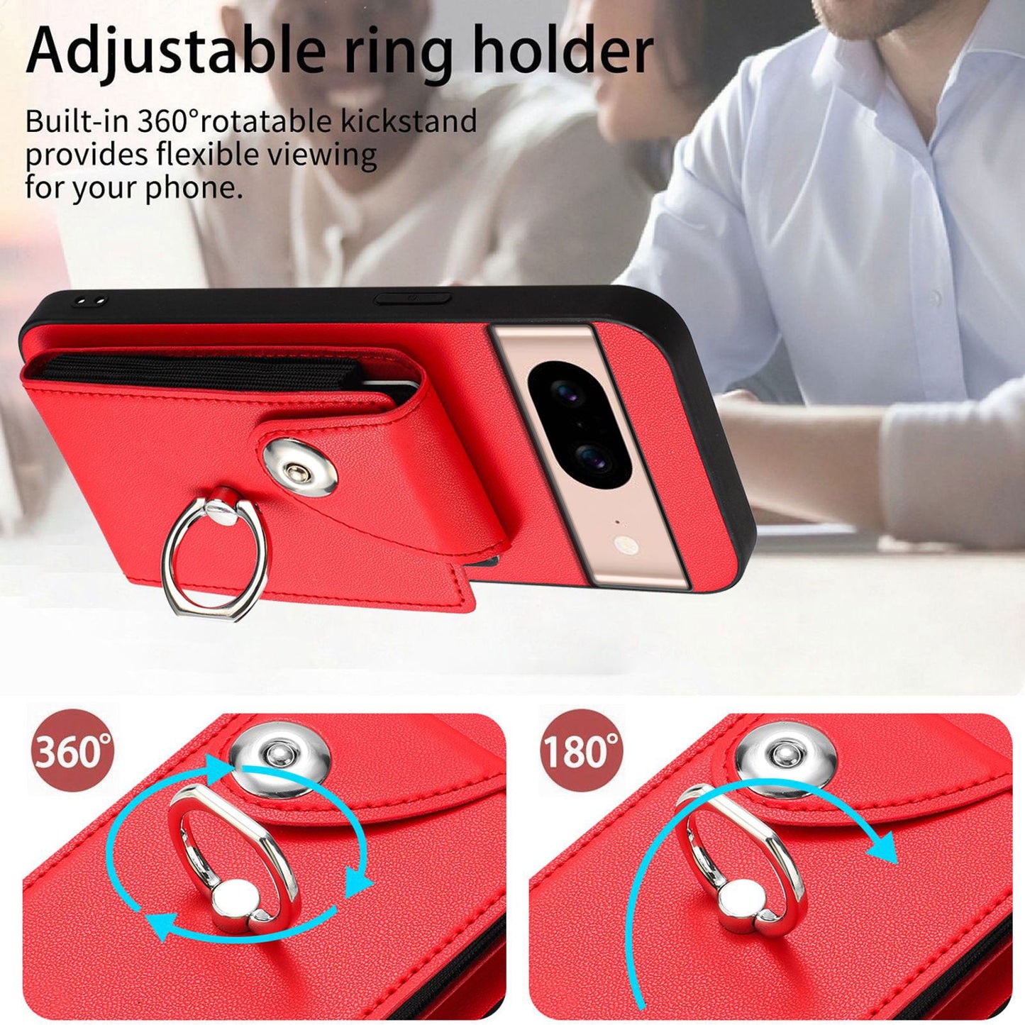 For Google Pixel 8a Case YB Leather Coating Series-7 Card Holder Leather TPU Phone Cover with Kickstand - Red