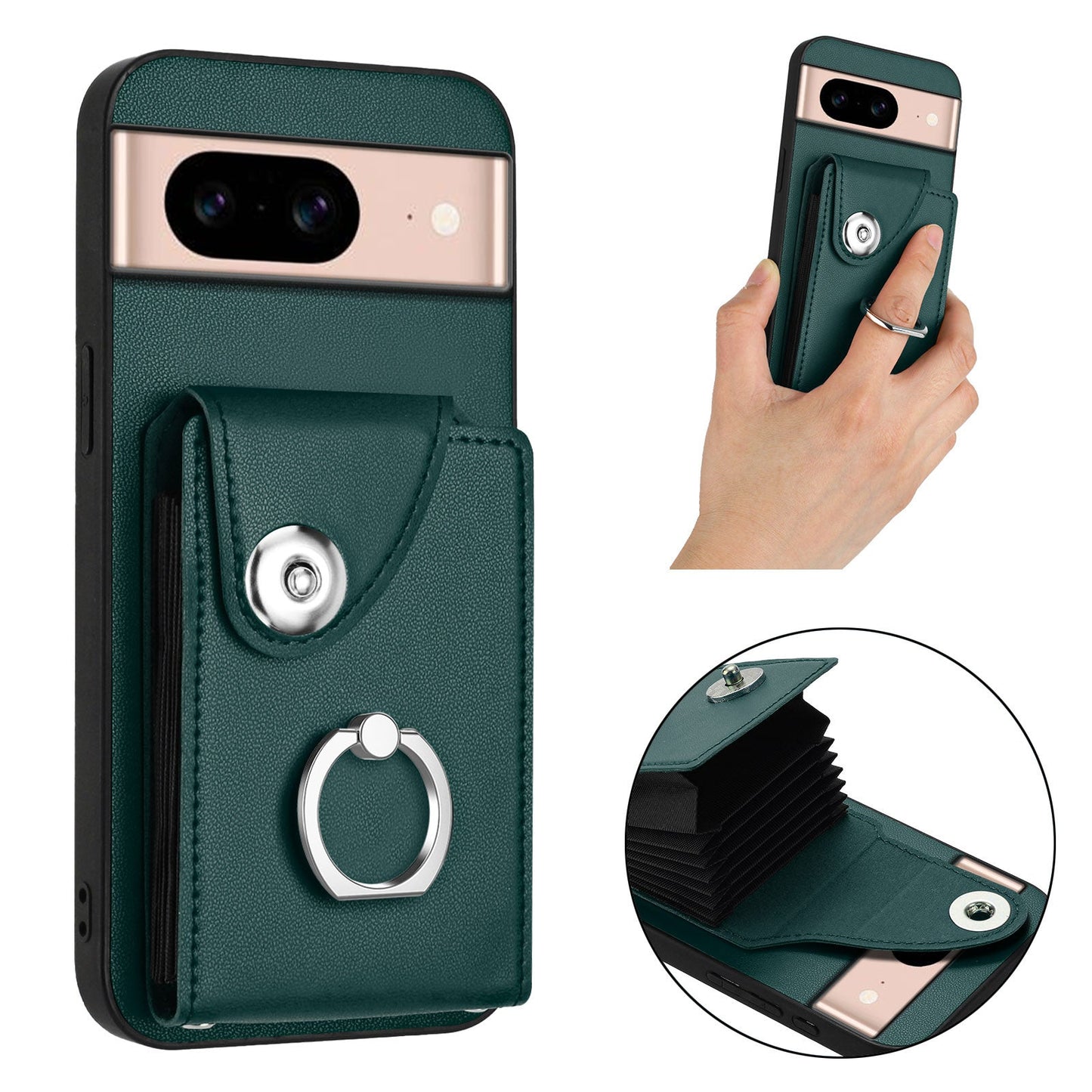 For Google Pixel 8a Case YB Leather Coating Series-7 Card Holder Leather TPU Phone Cover with Kickstand - Green