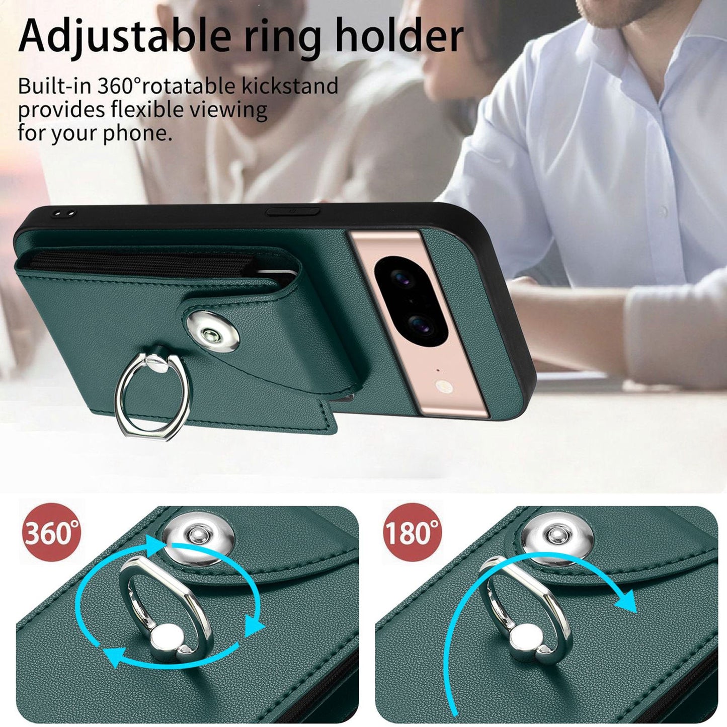 For Google Pixel 8a Case YB Leather Coating Series-7 Card Holder Leather TPU Phone Cover with Kickstand - Green