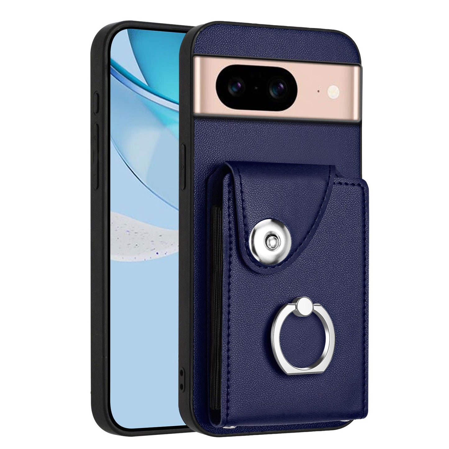 For Google Pixel 8a Case YB Leather Coating Series-7 Card Holder Leather TPU Phone Cover with Kickstand - Sapphire