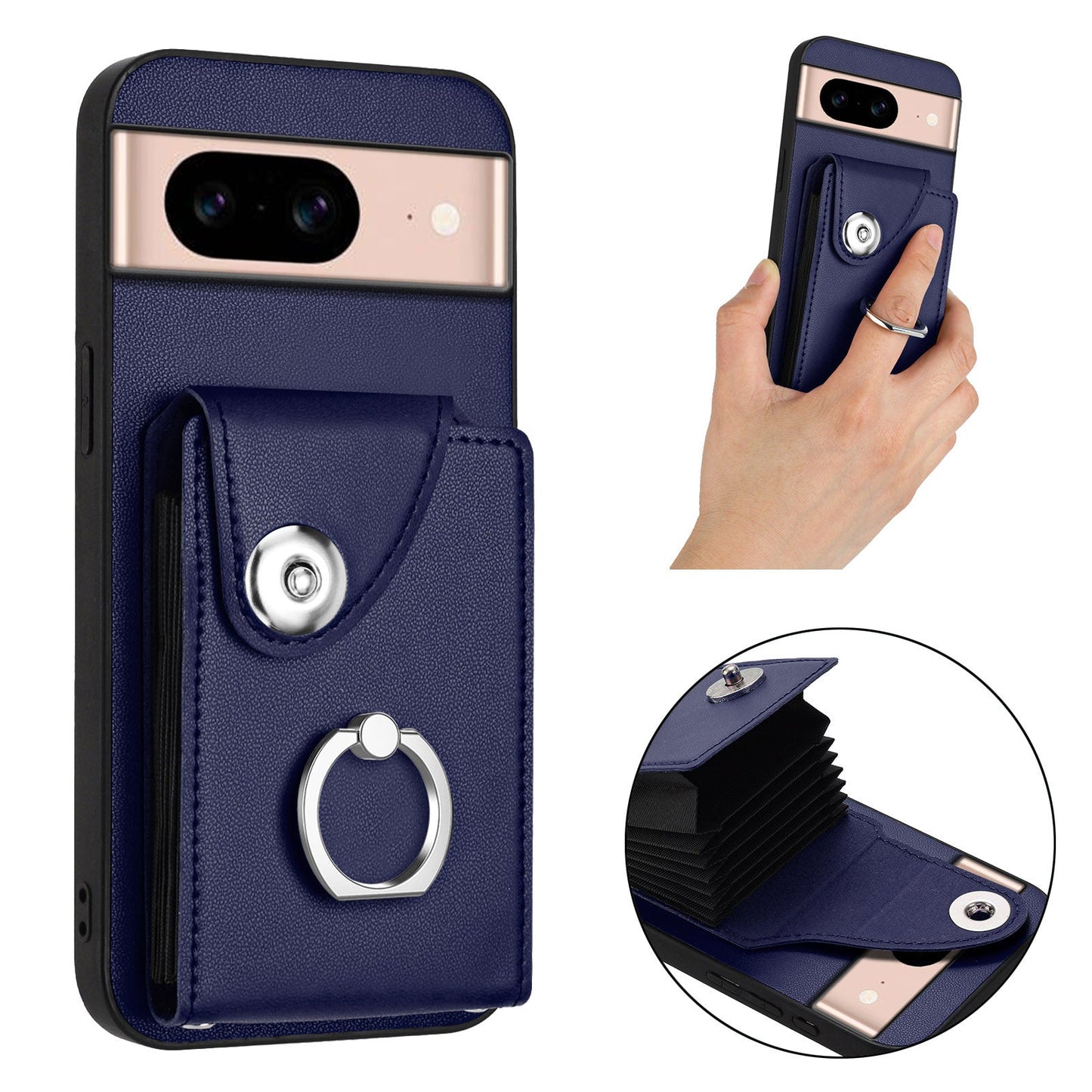 For Google Pixel 8a Case YB Leather Coating Series-7 Card Holder Leather TPU Phone Cover with Kickstand - Sapphire