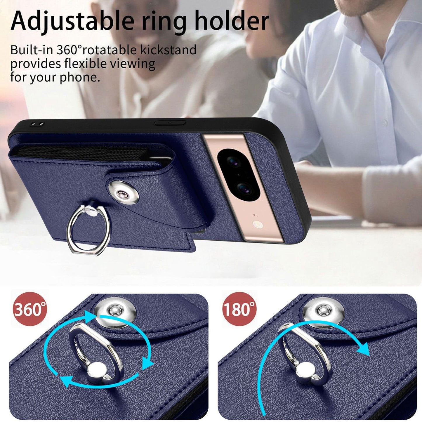 For Google Pixel 8a Case YB Leather Coating Series-7 Card Holder Leather TPU Phone Cover with Kickstand - Sapphire