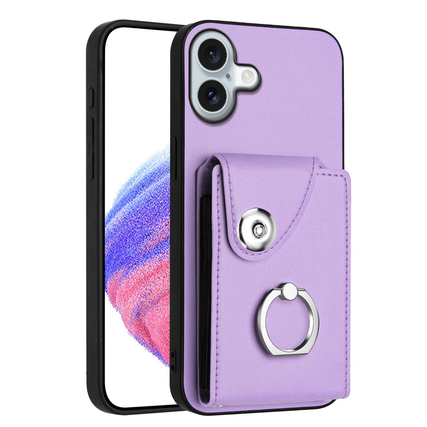 For iPhone 16 Plus Case YB Leather Coating Series-7 Card Holder Leather TPU Phone Cover with Kickstand - Purple