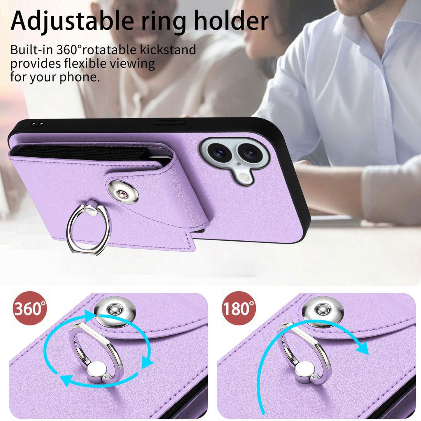 For iPhone 16 Plus Case YB Leather Coating Series-7 Card Holder Leather TPU Phone Cover with Kickstand - Purple