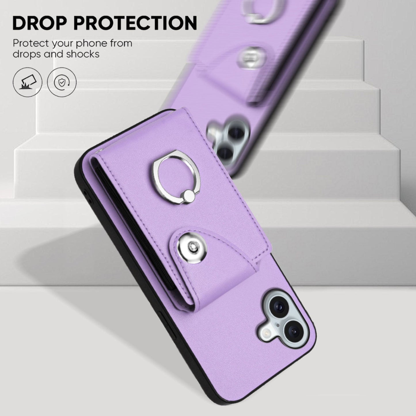 For iPhone 16 Plus Case YB Leather Coating Series-7 Card Holder Leather TPU Phone Cover with Kickstand - Purple