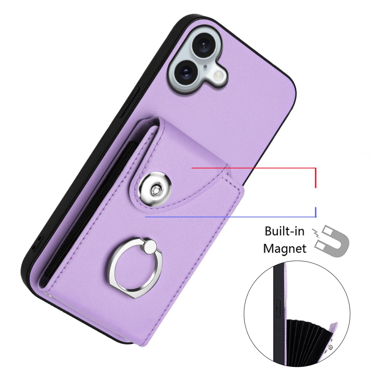 For iPhone 16 Plus Case YB Leather Coating Series-7 Card Holder Leather TPU Phone Cover with Kickstand - Purple
