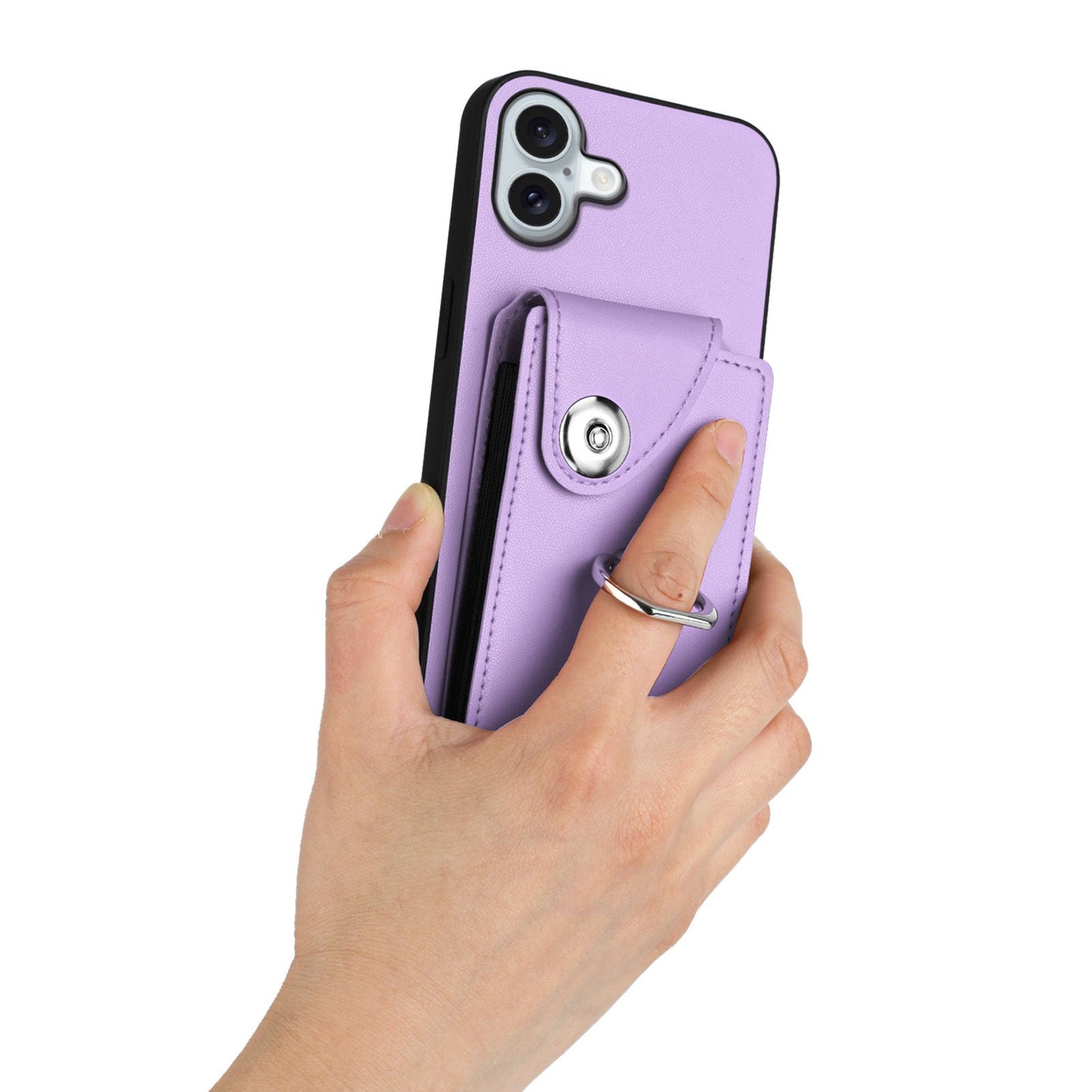 For iPhone 16 Plus Case YB Leather Coating Series-7 Card Holder Leather TPU Phone Cover with Kickstand - Purple