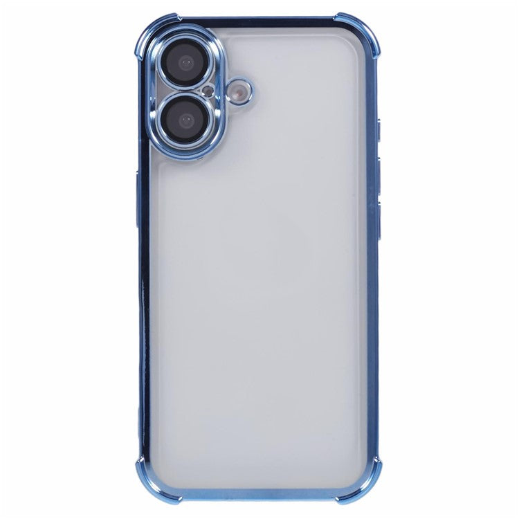 For iPhone 16 Case Electroplating Clear TPU Phone Cover with Lens Film - Blue