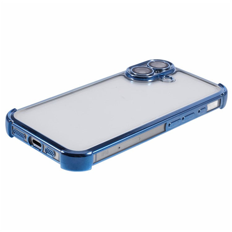 For iPhone 16 Case Electroplating Clear TPU Phone Cover with Lens Film - Blue