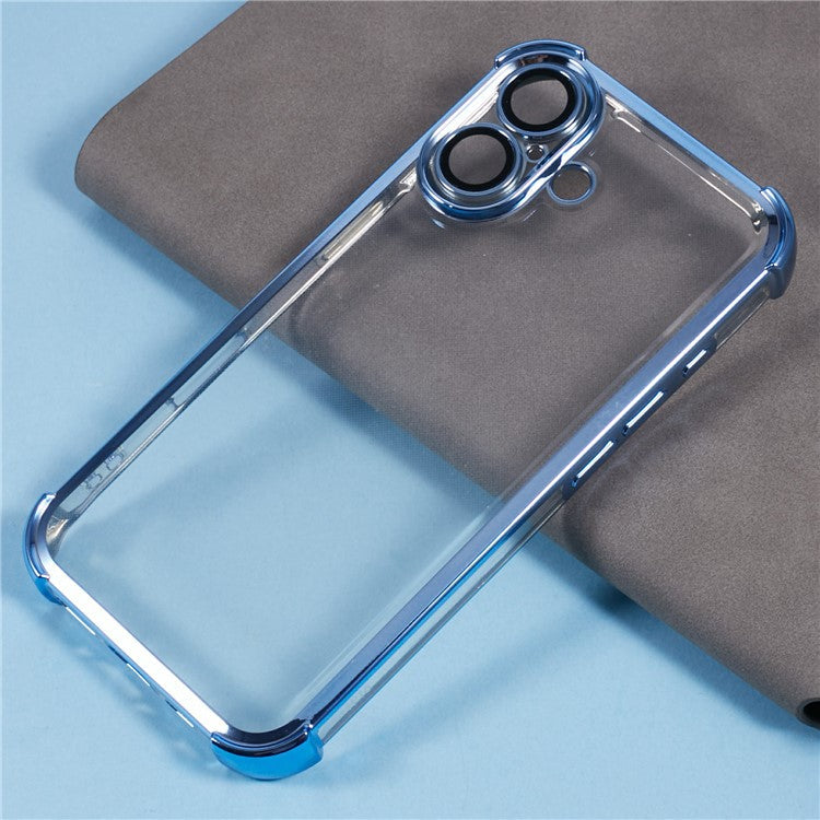 For iPhone 16 Case Electroplating Clear TPU Phone Cover with Lens Film - Blue