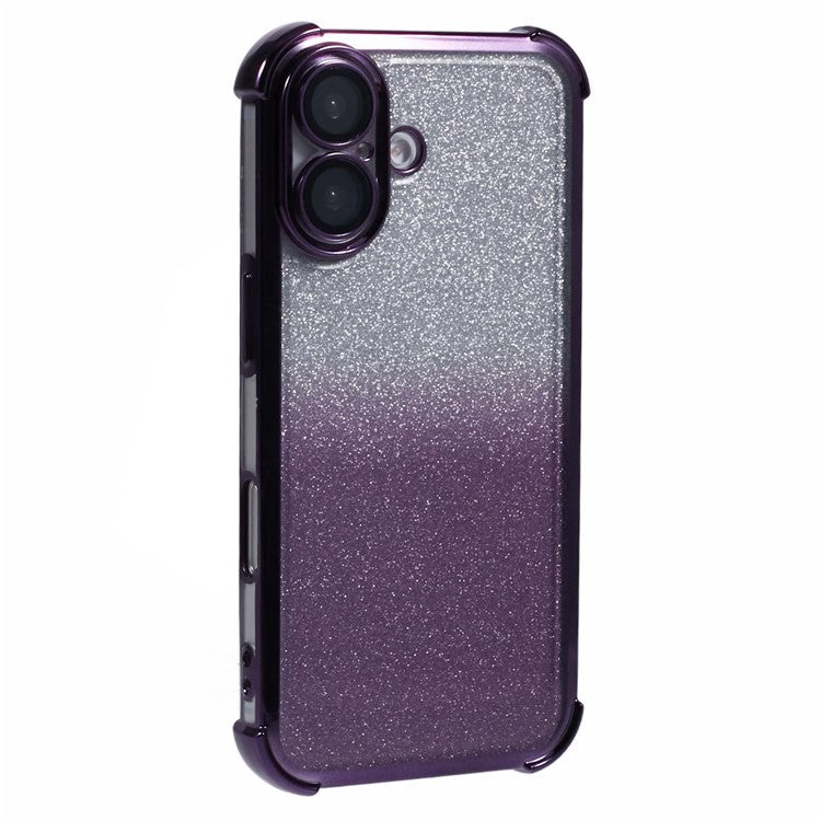 For iPhone 16 Case Electroplating Clear TPU Phone Cover with Lens Film and Glitter Card - Purple