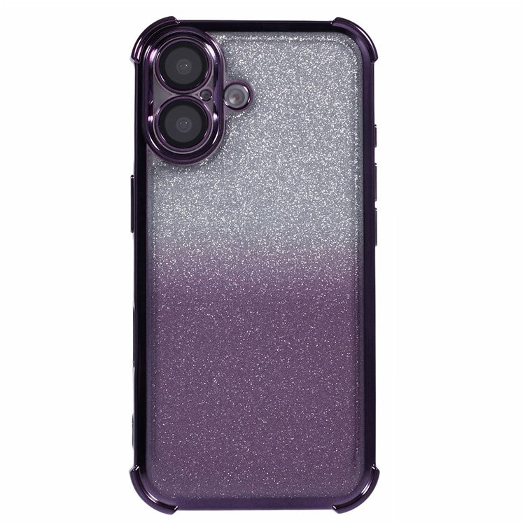 For iPhone 16 Case Electroplating Clear TPU Phone Cover with Lens Film and Glitter Card - Purple