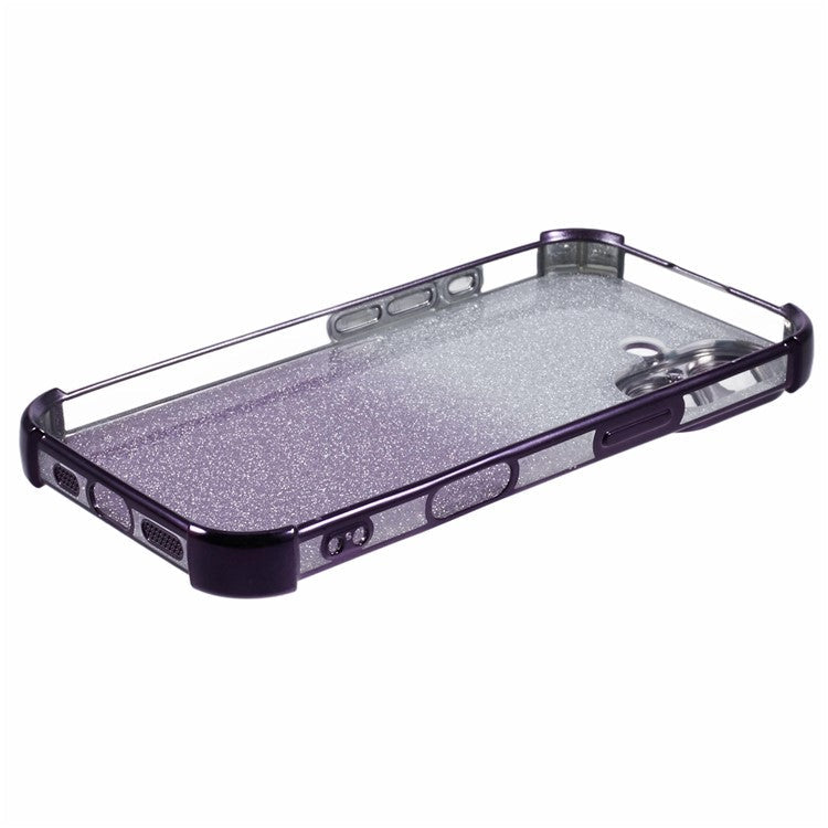 For iPhone 16 Case Electroplating Clear TPU Phone Cover with Lens Film and Glitter Card - Purple