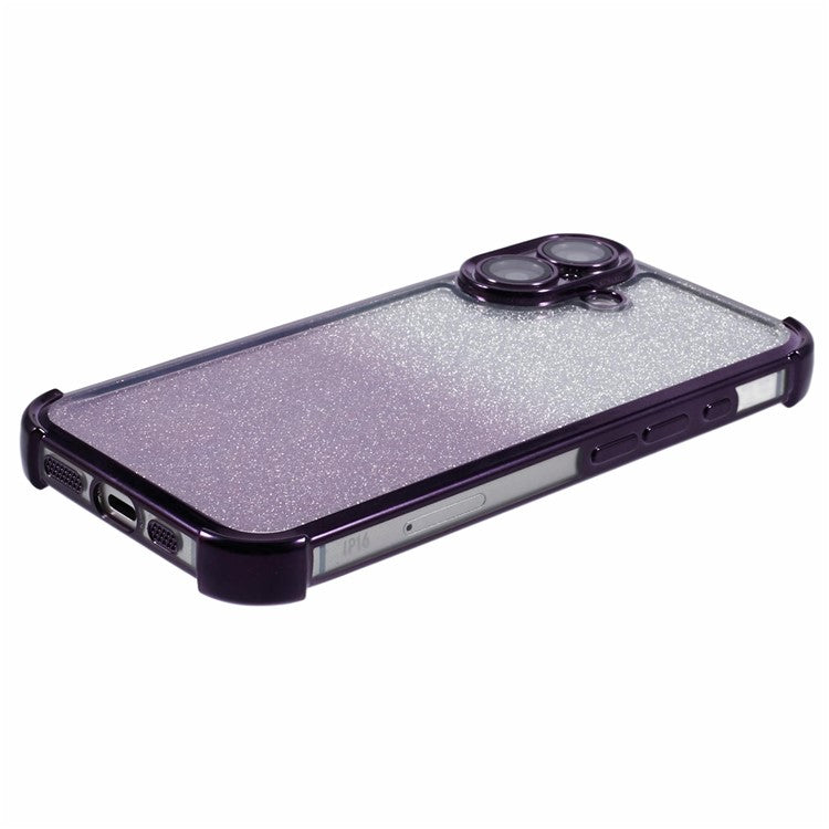 For iPhone 16 Case Electroplating Clear TPU Phone Cover with Lens Film and Glitter Card - Purple