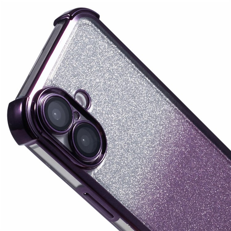 For iPhone 16 Case Electroplating Clear TPU Phone Cover with Lens Film and Glitter Card - Purple