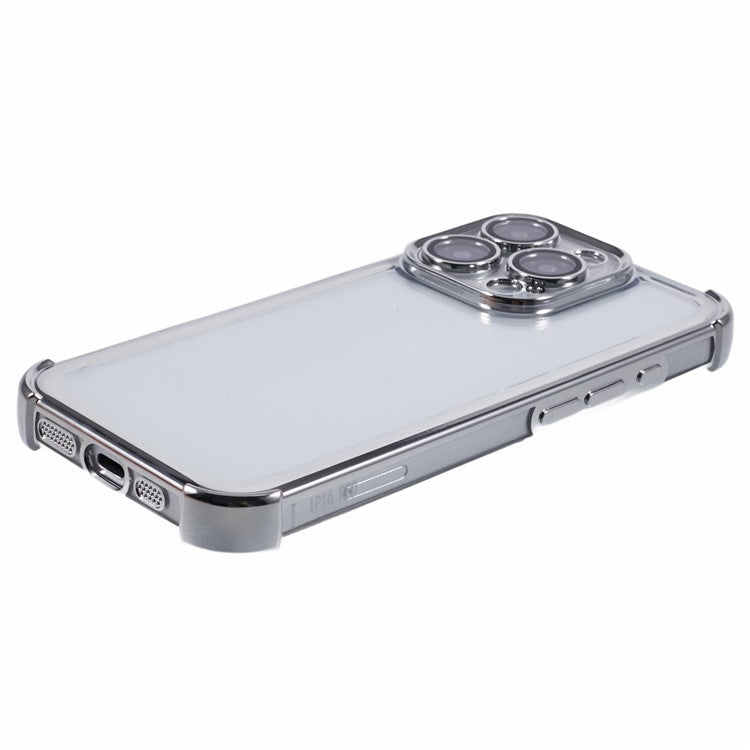 For iPhone 16 Pro Case Electroplating Clear TPU Phone Cover with Lens Film - Grey