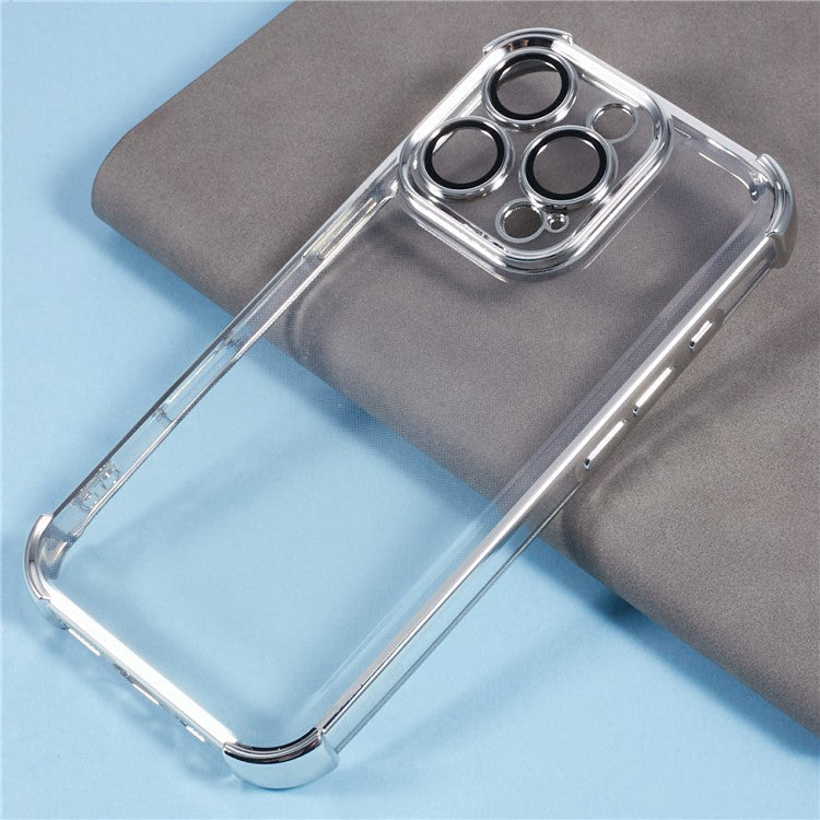 For iPhone 16 Pro Case Electroplating Clear TPU Phone Cover with Lens Film - Grey