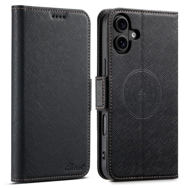 SUTENI J08 For iPhone 16 Case Compatible with MagSafe Cross Texture Leather Wallet Phone Cover - Black