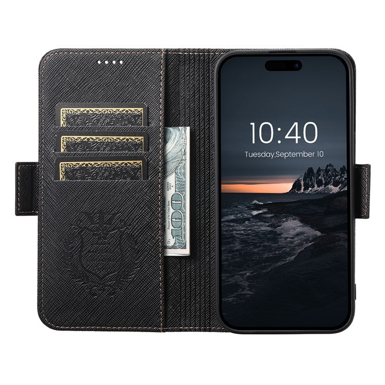 SUTENI J08 For iPhone 16 Case Compatible with MagSafe Cross Texture Leather Wallet Phone Cover - Black