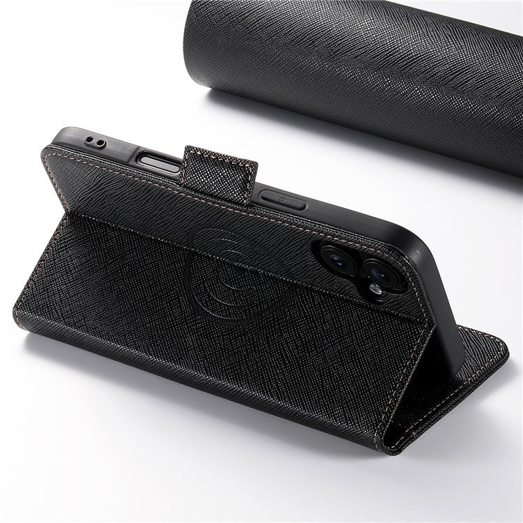 SUTENI J08 For iPhone 16 Case Compatible with MagSafe Cross Texture Leather Wallet Phone Cover - Black
