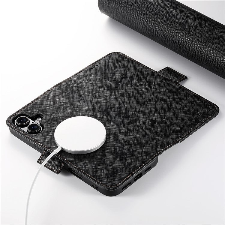 SUTENI J08 For iPhone 16 Case Compatible with MagSafe Cross Texture Leather Wallet Phone Cover - Black