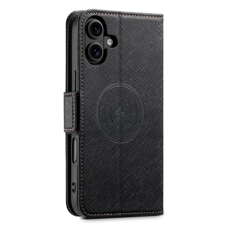 SUTENI J08 For iPhone 16 Case Compatible with MagSafe Cross Texture Leather Wallet Phone Cover - Black