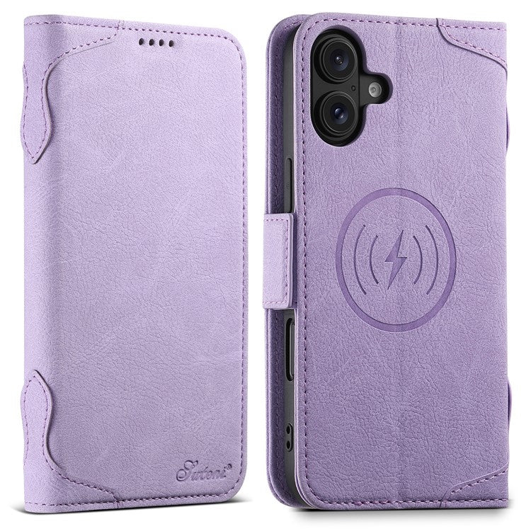 SUTENI J07 For iPhone 16 Case Compatible with MagSafe Litchi Texture Leather Wallet Phone Cover - Purple
