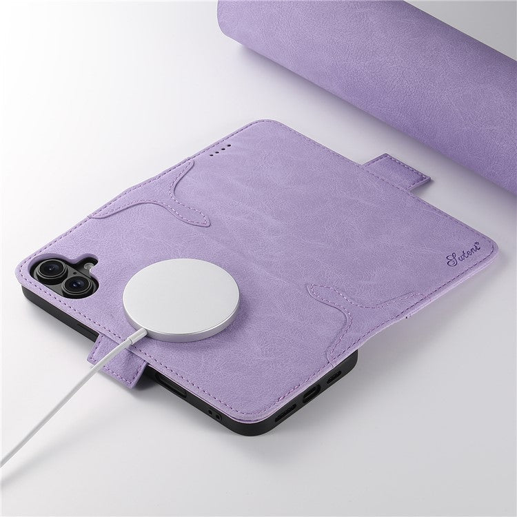 SUTENI J07 For iPhone 16 Case Compatible with MagSafe Litchi Texture Leather Wallet Phone Cover - Purple