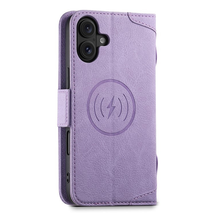SUTENI J07 For iPhone 16 Case Compatible with MagSafe Litchi Texture Leather Wallet Phone Cover - Purple