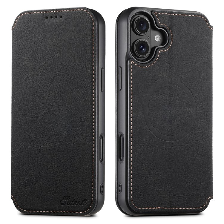 SUTENI J06 For iPhone 16 Plus Case Litchi Texture Leather Wallet Phone Shell Compatible with MagSafe - Black