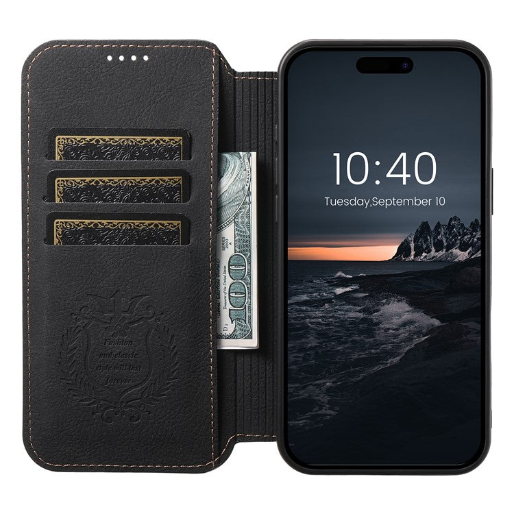 SUTENI J06 For iPhone 16 Plus Case Litchi Texture Leather Wallet Phone Shell Compatible with MagSafe - Black