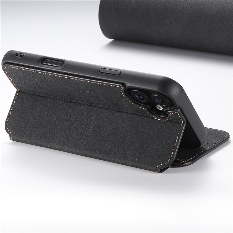 SUTENI J06 For iPhone 16 Plus Case Litchi Texture Leather Wallet Phone Shell Compatible with MagSafe - Black