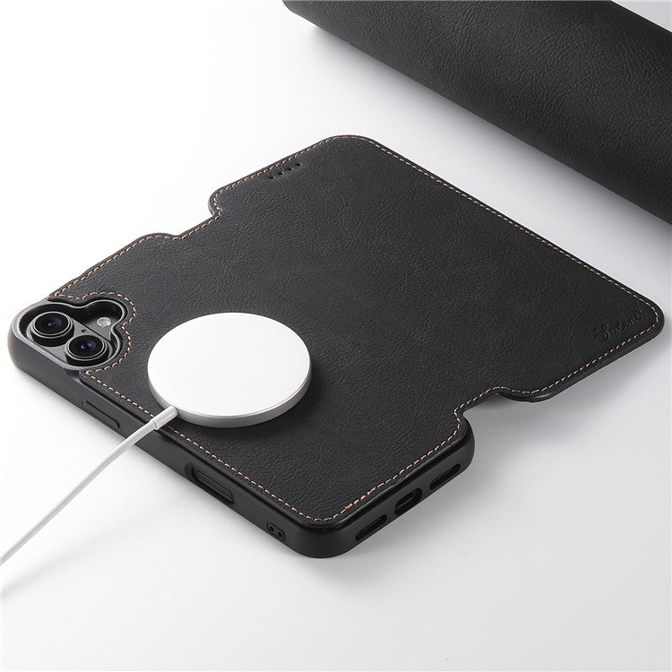 SUTENI J06 For iPhone 16 Plus Case Litchi Texture Leather Wallet Phone Shell Compatible with MagSafe - Black