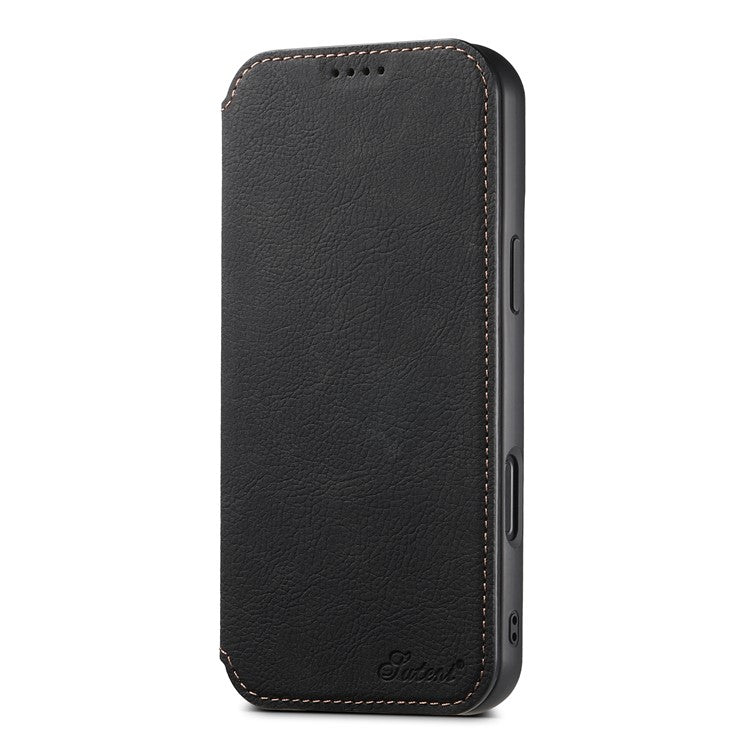 SUTENI J06 For iPhone 16 Plus Case Litchi Texture Leather Wallet Phone Shell Compatible with MagSafe - Black