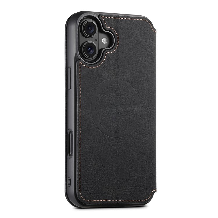 SUTENI J06 For iPhone 16 Plus Case Litchi Texture Leather Wallet Phone Shell Compatible with MagSafe - Black