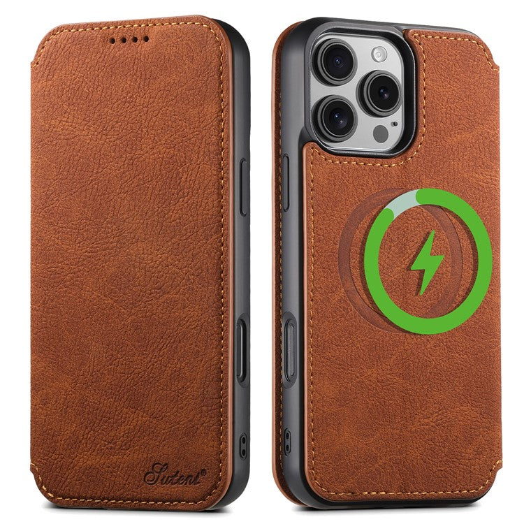 SUTENI J06 For iPhone 16 Pro Case Litchi Texture Leather Wallet Phone Shell Compatible with MagSafe - Khaki