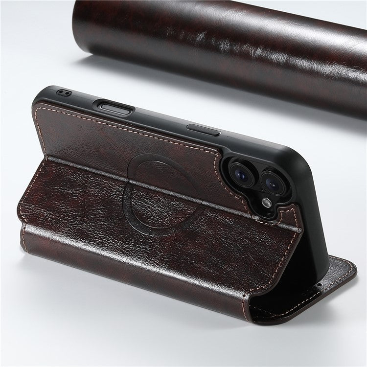 SUTENI J06 For iPhone 16 Plus Case Compatible with MagSafe Textured PU Leather Flip Phone Cover - Brown