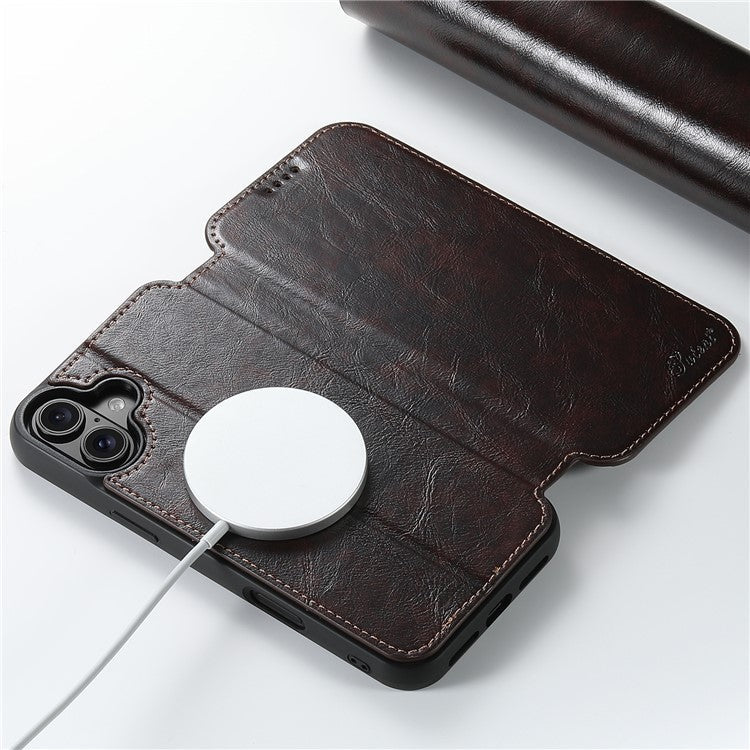 SUTENI J06 For iPhone 16 Plus Case Compatible with MagSafe Textured PU Leather Flip Phone Cover - Brown