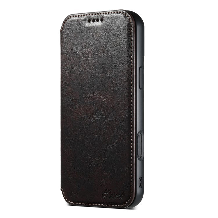 SUTENI J06 For iPhone 16 Plus Case Compatible with MagSafe Textured PU Leather Flip Phone Cover - Brown
