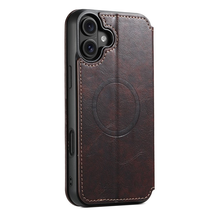 SUTENI J06 For iPhone 16 Plus Case Compatible with MagSafe Textured PU Leather Flip Phone Cover - Brown