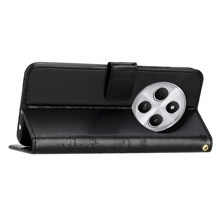 For Xiaomi Poco C75 4G / Redmi 14R 5G / 14C 4G Case Pattern Imprint PU Leather Phone Wallet Cover with Strap - Black