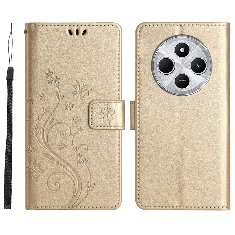 For Xiaomi Poco C75 4G / Redmi 14R 5G / 14C 4G Case Pattern Imprint PU Leather Phone Wallet Cover with Strap - Gold